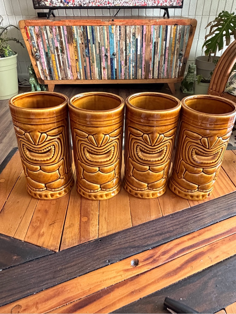 Vintage Ceramic Tiki Mugs - Set of 4 - Amber Glaze